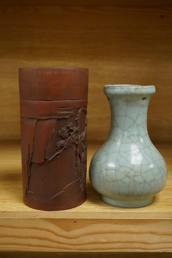 A Chinese bamboo tea cannister and crackleware vase bamboo canister, 17.5cm high. Condition - fair to good